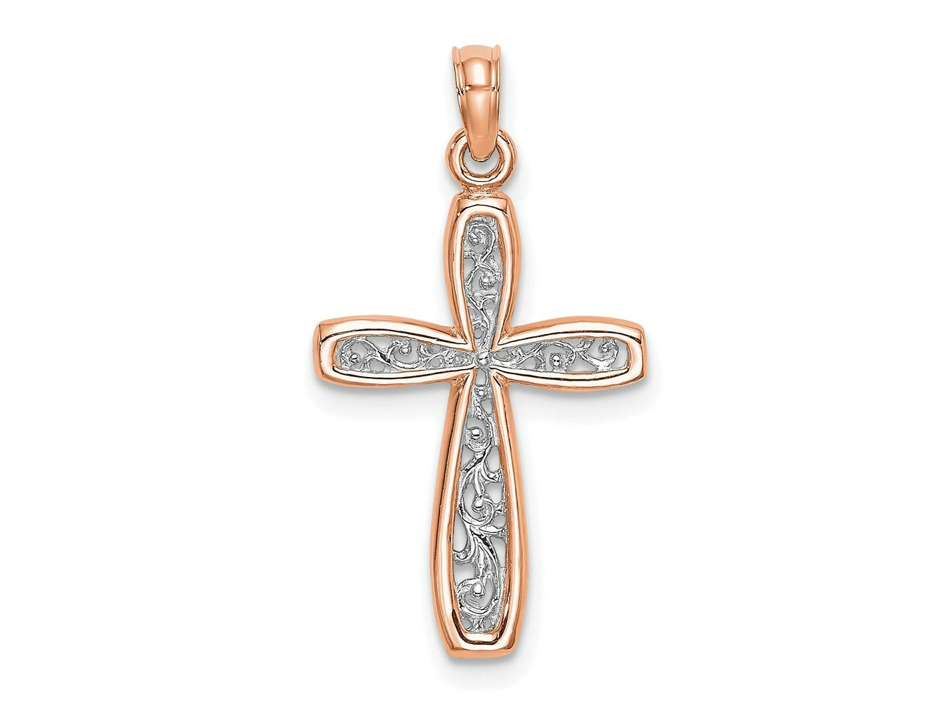 FJC Finejewelers 10 kt Rose Gold Rose with White Rhodium Filigree Center Border Cross 20 x 13 mm