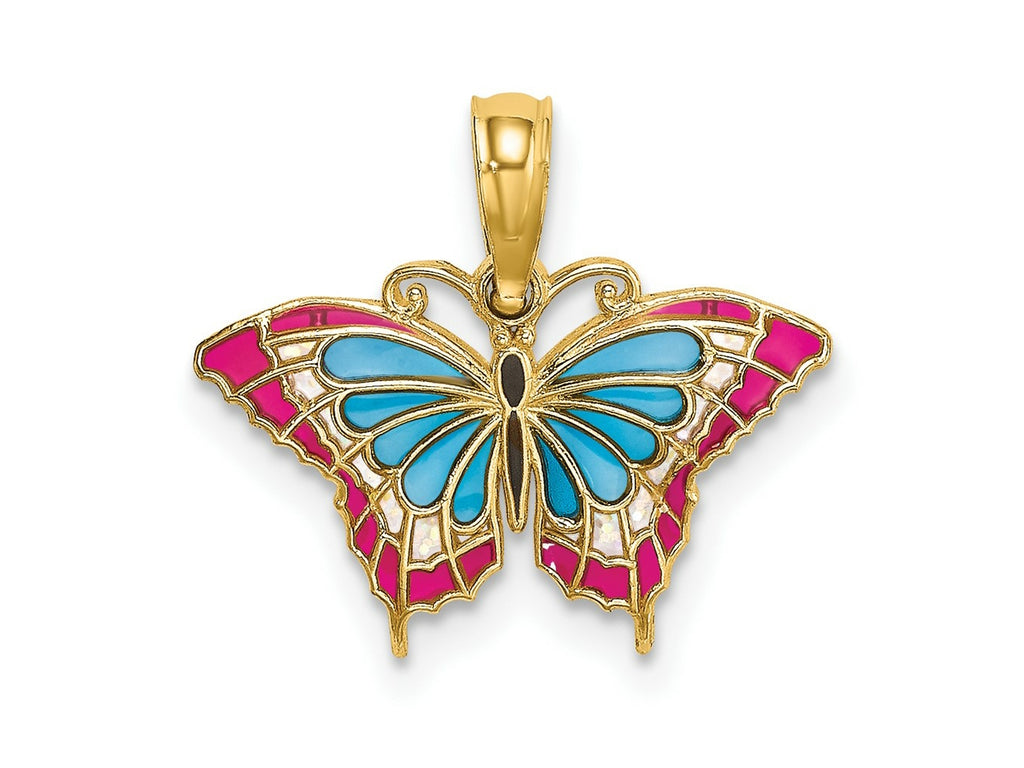 FJC Finejewelers 10 kt Yellow Gold Small Enameled Blue and Red Butterfly Charm 15 x 17 mm