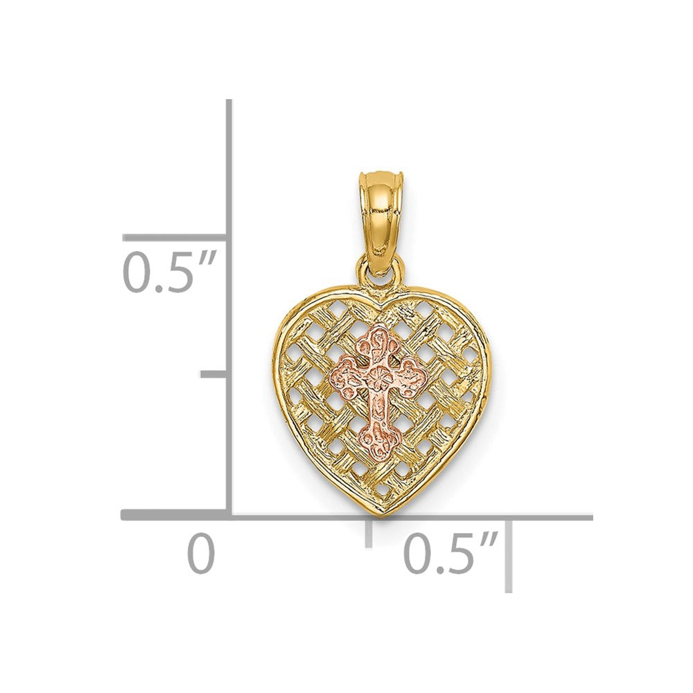 FJC Finejewelers 10 kt Two Tone Gold Two-Tone Cross on Woven Heart Charm 15 x 10 mm