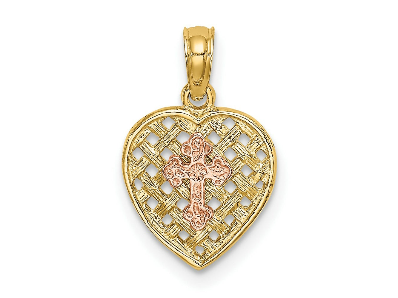 FJC Finejewelers 10 kt Two Tone Gold Two-Tone Cross on Woven Heart Charm 15 x 10 mm