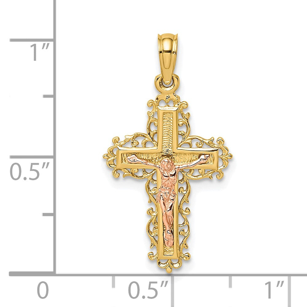 FJC Finejewelers 10 kt Two Tone Gold Two-Tone Crucifix W/ Lace Trim Charm 27 x 15 mm