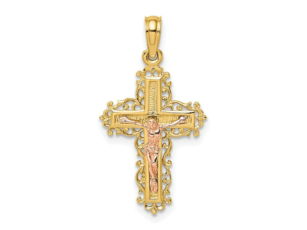 FJC Finejewelers 10 kt Two Tone Gold Two-Tone Crucifix W/ Lace Trim Charm 27 x 15 mm