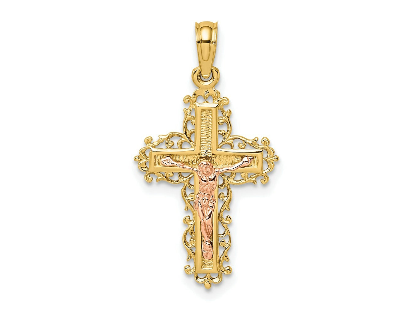 FJC Finejewelers 10 kt Two Tone Gold Two-Tone Crucifix W/ Lace Trim Charm 27 x 15 mm