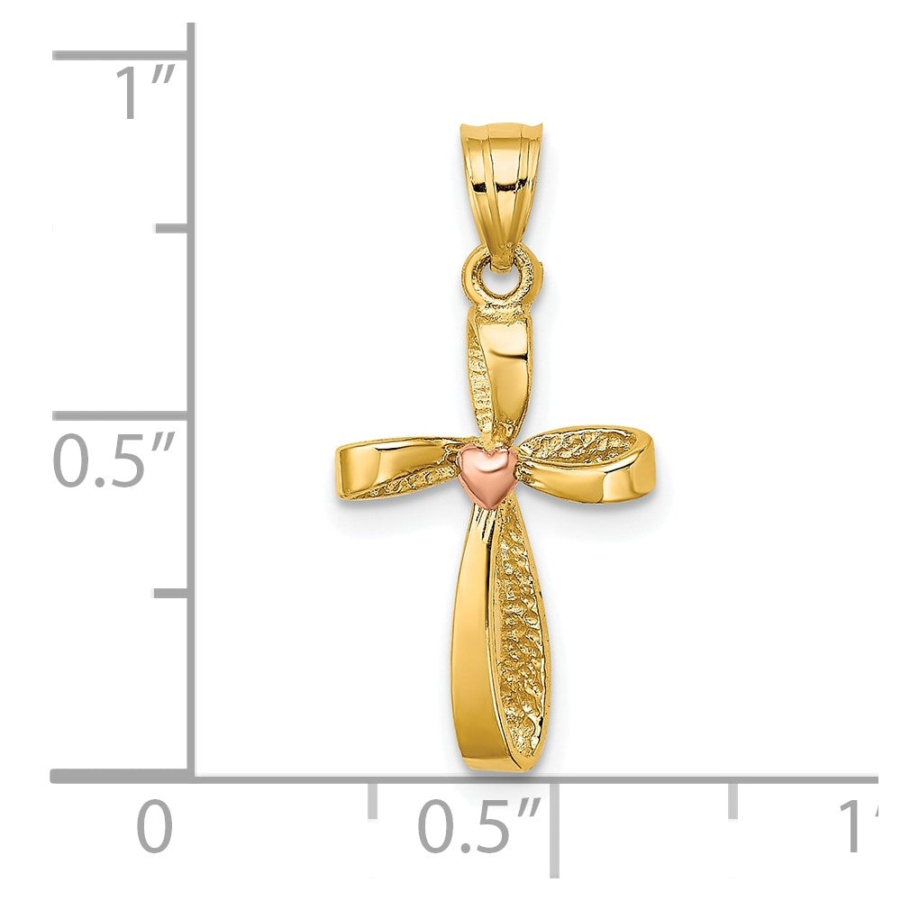 FJC Finejewelers 10 kt Two Tone Gold Two-Tone Twisted Cross with Heart Charm 17 x 12 mm