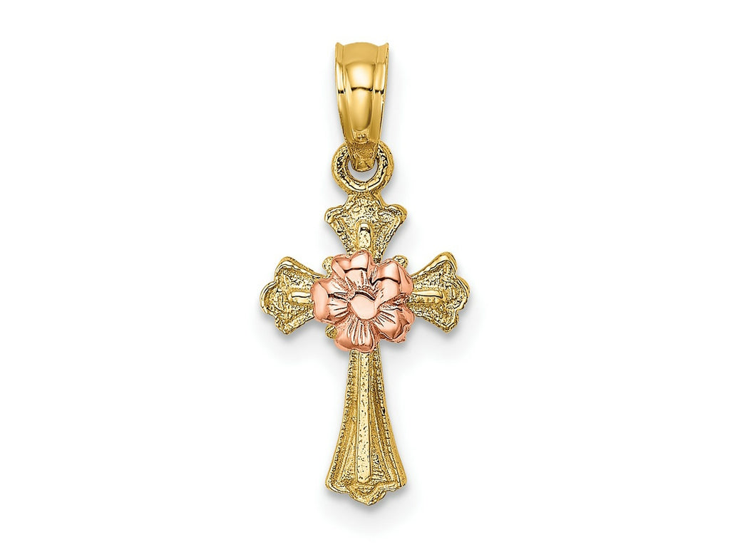 FJC Finejewelers 10 kt Two Tone Gold Two-Tone Cross with Small Flower Charm 14 mm