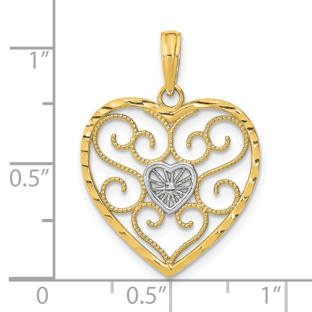 FJC Finejewelers 10 kt Yellow Gold with Rhodium Filigree Beaded Heart Charm 24 x 19 mm
