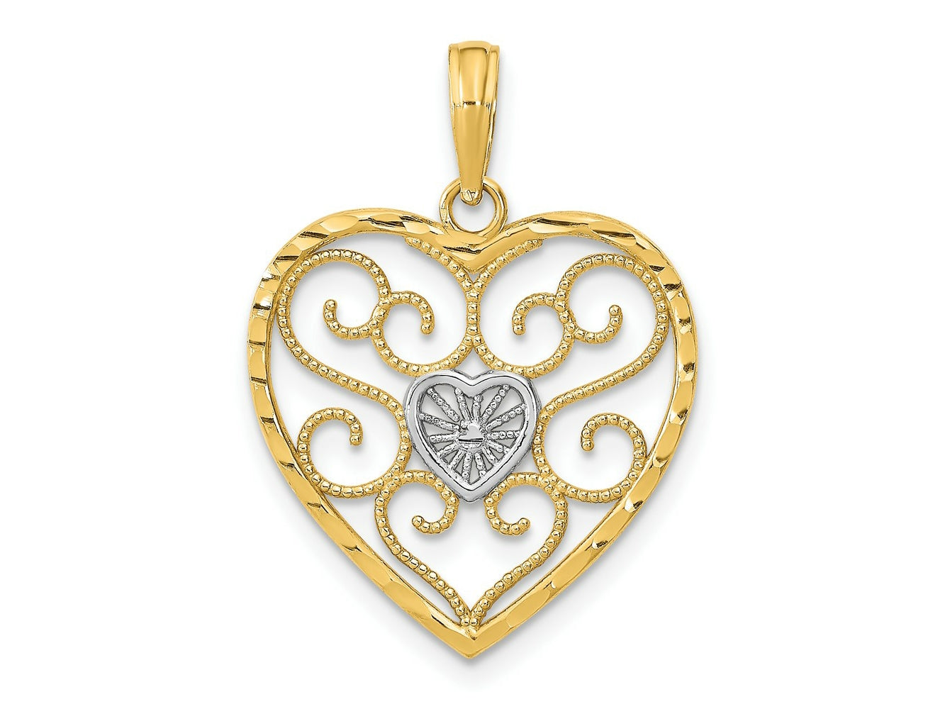 FJC Finejewelers 10 kt Yellow Gold with Rhodium Filigree Beaded Heart Charm 24 x 19 mm