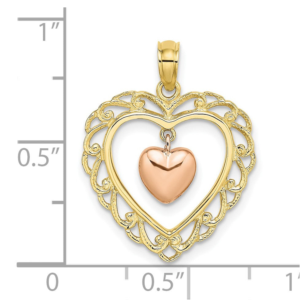 FJC Finejewelers 10 kt Yellow and Rose Gold Themed Polished Dangling Heart In Heart Charm 22.5 mm x 18.5 mm