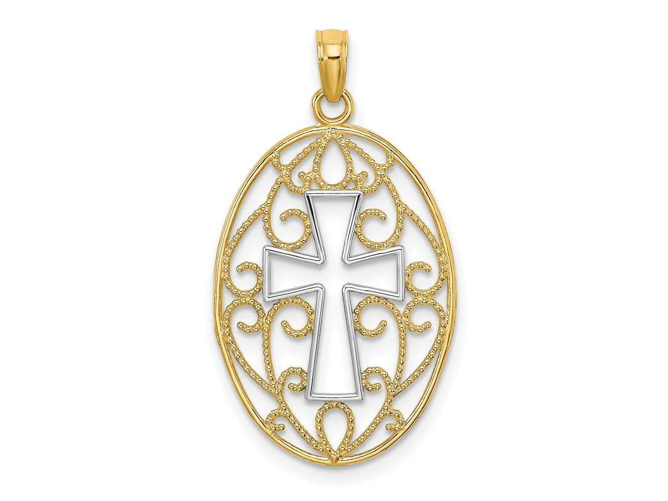 FJC Finejewelers 10 kt Yellow Gold with Rhodium Beaded Filigree Cross Charm 28 x 16 mm