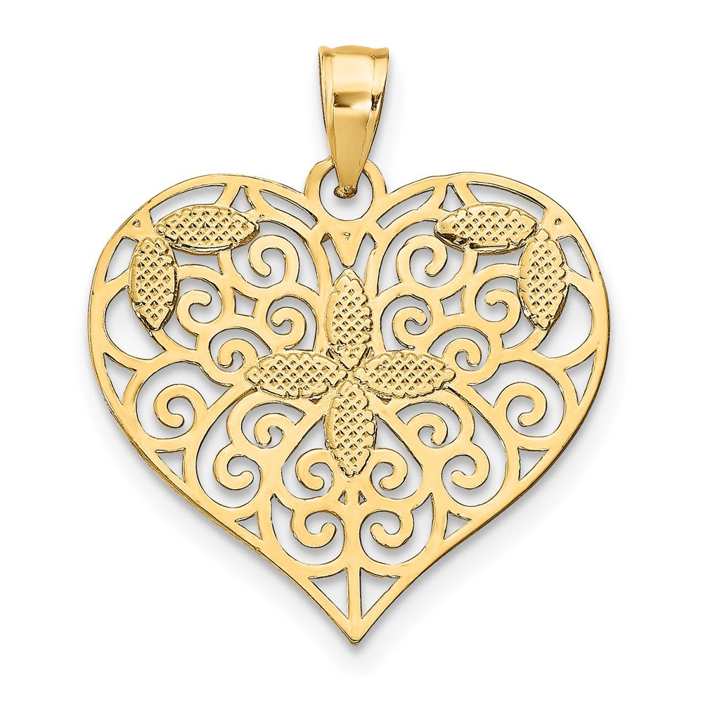 FJC Finejewelers 10 kt Yellow Gold with Rhodium Cut-Out Filigree Flower and Heart Charm 24 x 21 mm