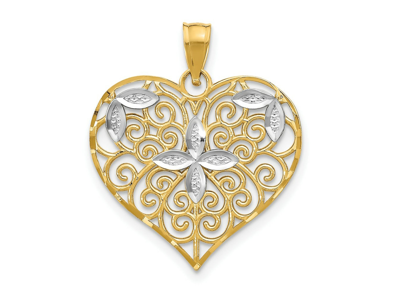 FJC Finejewelers 10 kt Yellow Gold with Rhodium Cut-Out Filigree Flower and Heart Charm 24 x 21 mm