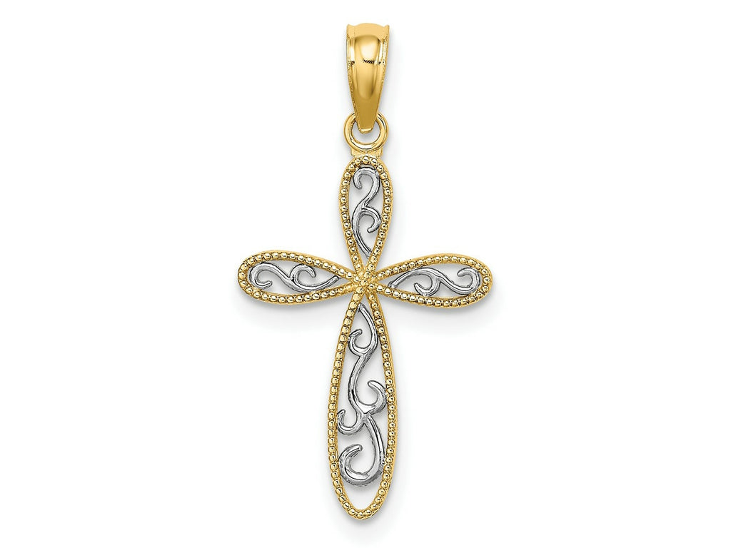 FJC Finejewelers 10 kt Yellow Gold with Rhodium Filigree and Milgrain Cross Charm 19 x 12 mm
