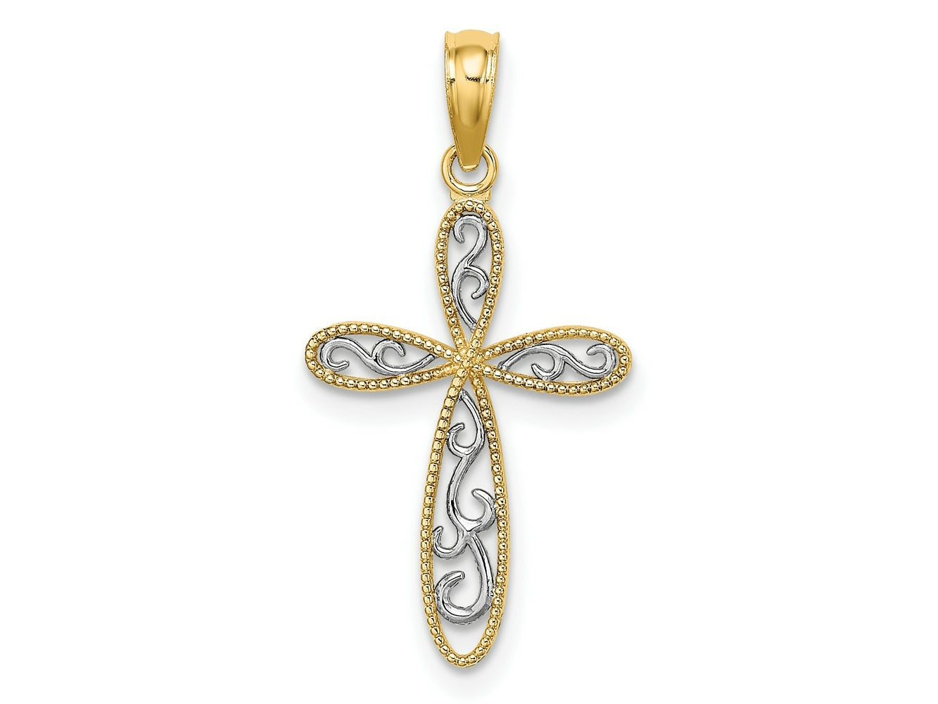 FJC Finejewelers 10 kt Yellow Gold with Rhodium Filigree and Milgrain Cross Charm 19 x 12 mm