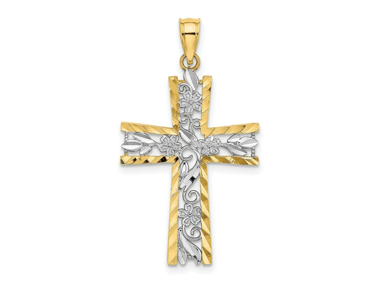 FJC Finejewelers 10 kt Yellow Gold W/ Rhodium and Bright Cut Flower Design Cross Charm 25 x 18 mm