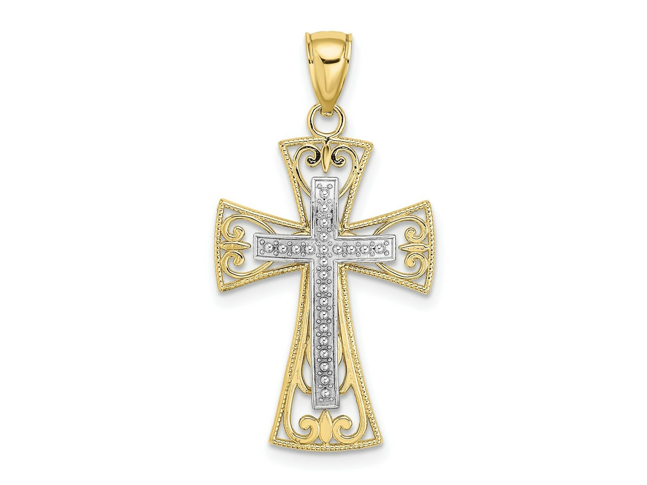 FJC Finejewelers 10 kt Two Tone Gold Two-tone 2-D and Bright Cut Beaded Filigree Cross Charm 24 x 18 mm