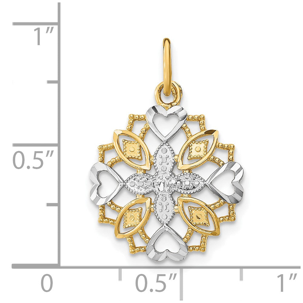 FJC Finejewelers 10 kt Yellow Gold with Rhodium Center Flower and Heart Charm 23 x 16 mm