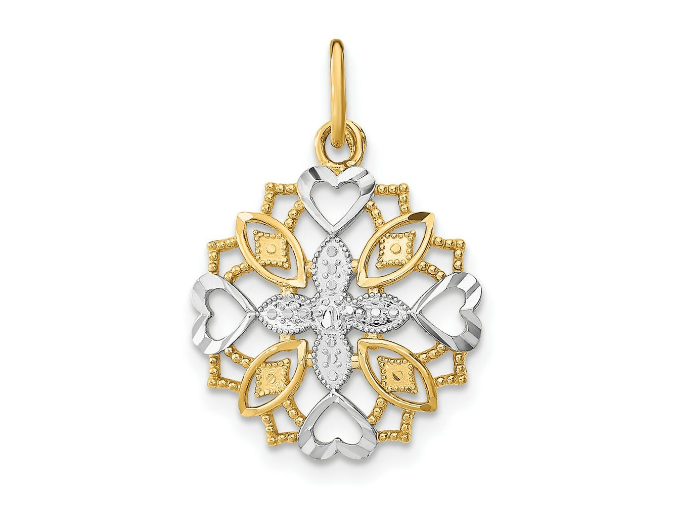 FJC Finejewelers 10 kt Yellow Gold with Rhodium Center Flower and Heart Charm 23 x 16 mm