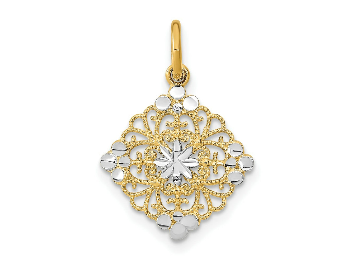 FJC Finejewelers 10 kt Yellow Gold with Rhodium and Bright Cut Filigree Medallion Charm 14 mm