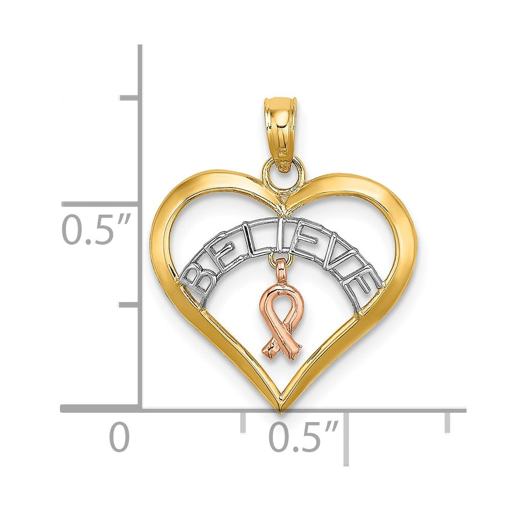 FJC Finejewelers 10 kt Two Tone Gold Two-tone with White Rhodium BELIEVE in Heart with Breast Cancer Ribbon 20 x 18 mm