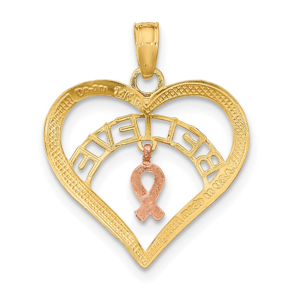 FJC Finejewelers 10 kt Two Tone Gold Two-tone with White Rhodium BELIEVE in Heart with Breast Cancer Ribbon 20 x 18 mm