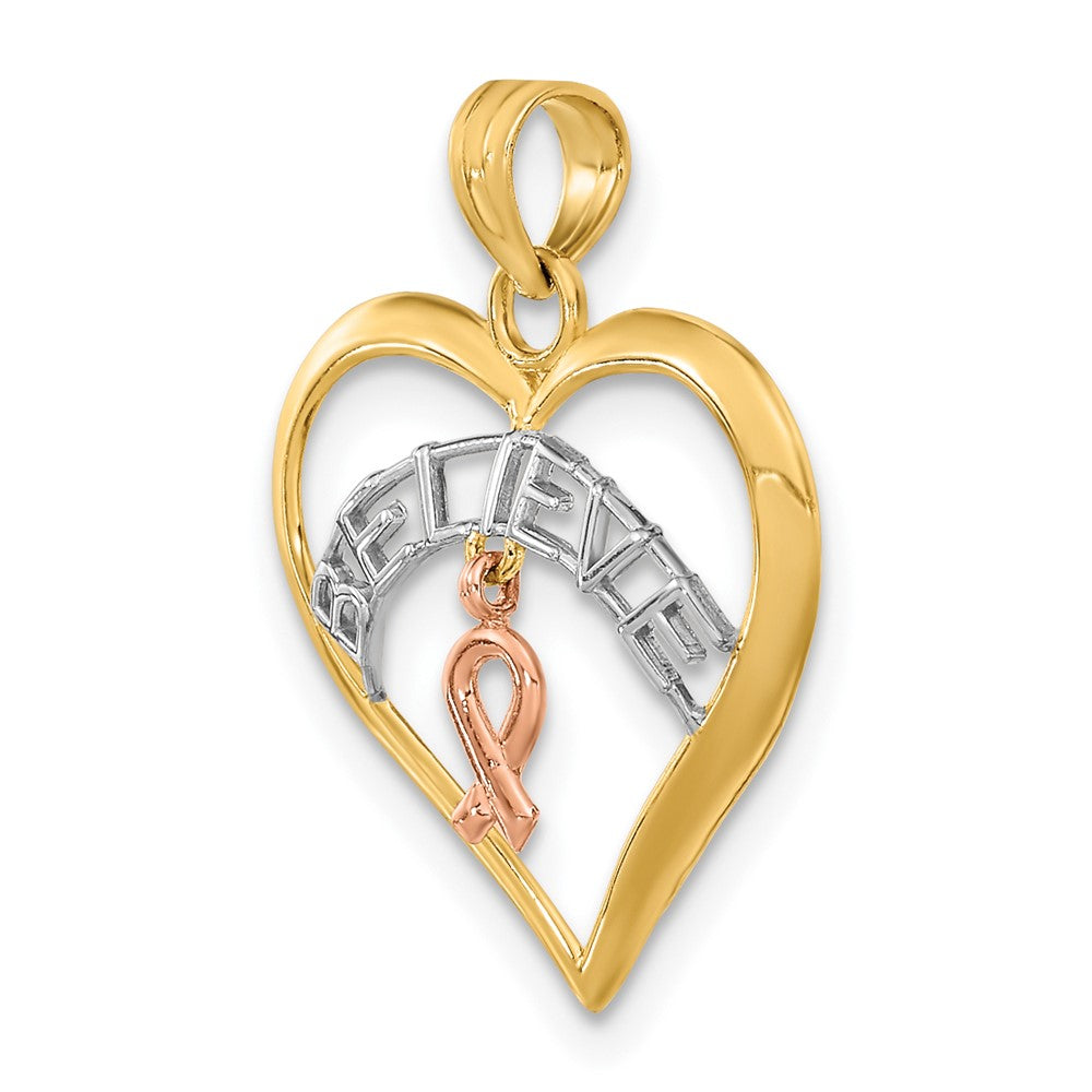 FJC Finejewelers 10 kt Two Tone Gold Two-tone with White Rhodium BELIEVE in Heart with Breast Cancer Ribbon 20 x 18 mm