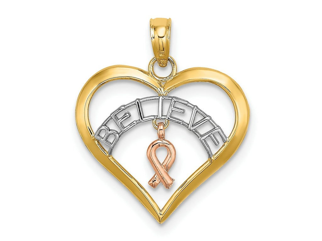 FJC Finejewelers 10 kt Two Tone Gold Two-tone with White Rhodium BELIEVE in Heart with Breast Cancer Ribbon 20 x 18 mm