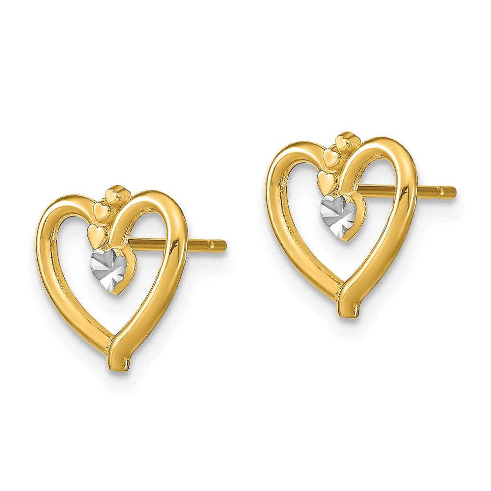 FJC Finejewelers 10 kt Yellow Gold Button with Rhodium Bright Cut Heart Post Earrings 10 mm x 11 mm