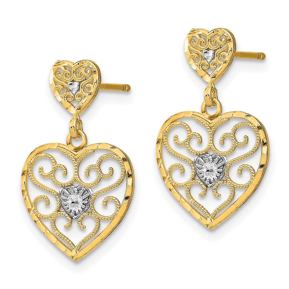 FJC Finejewelers 10 kt Yellow Gold with Rhodium Heart Beaded Filigree Dangle Earrings 21 mm x 12 mm