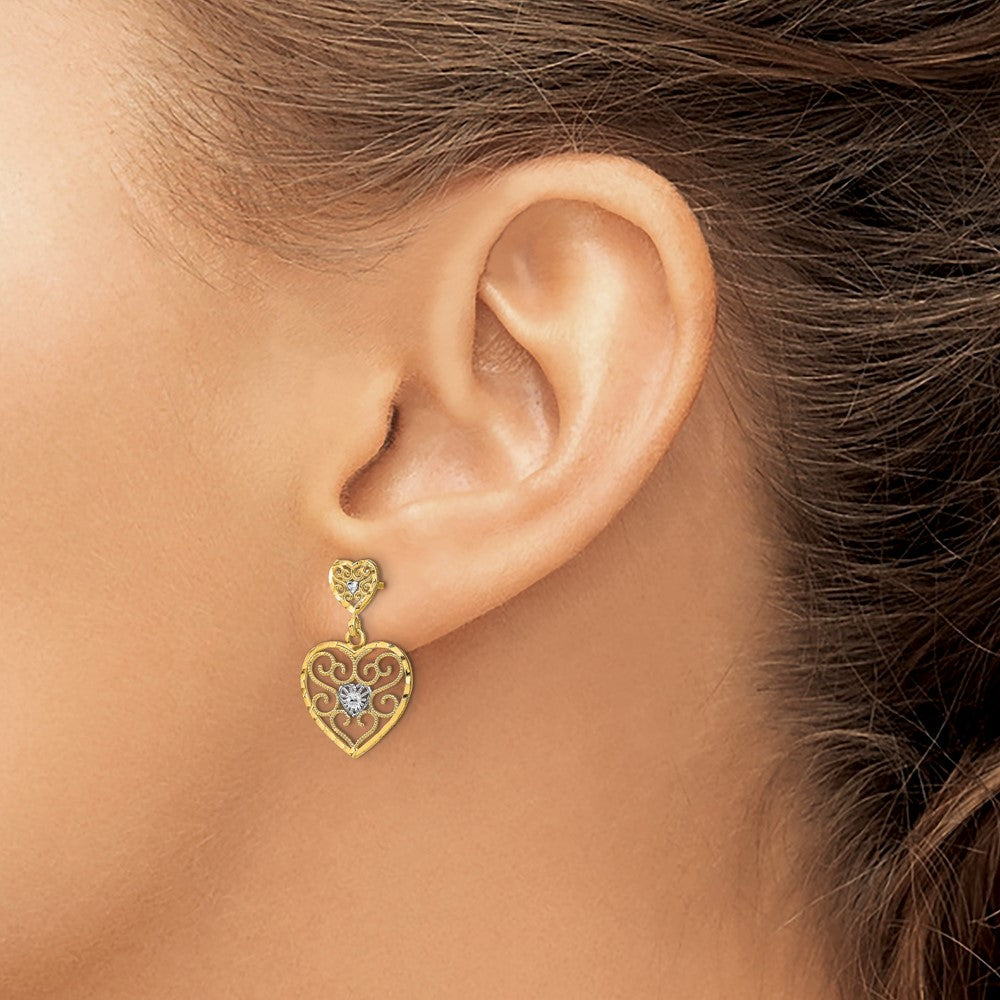 FJC Finejewelers 10 kt Yellow Gold with Rhodium Heart Beaded Filigree Dangle Earrings 21 mm x 12 mm