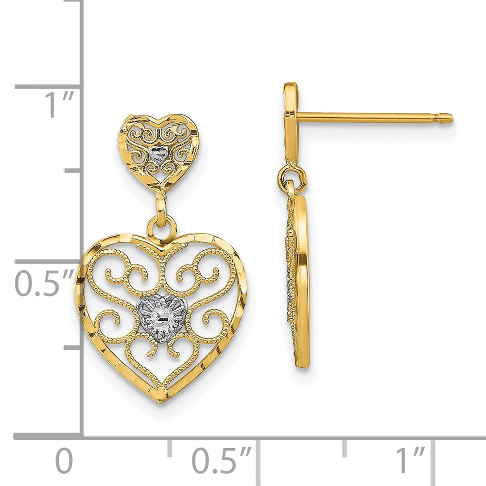 FJC Finejewelers 10 kt Yellow Gold with Rhodium Heart Beaded Filigree Dangle Earrings 21 mm x 12 mm