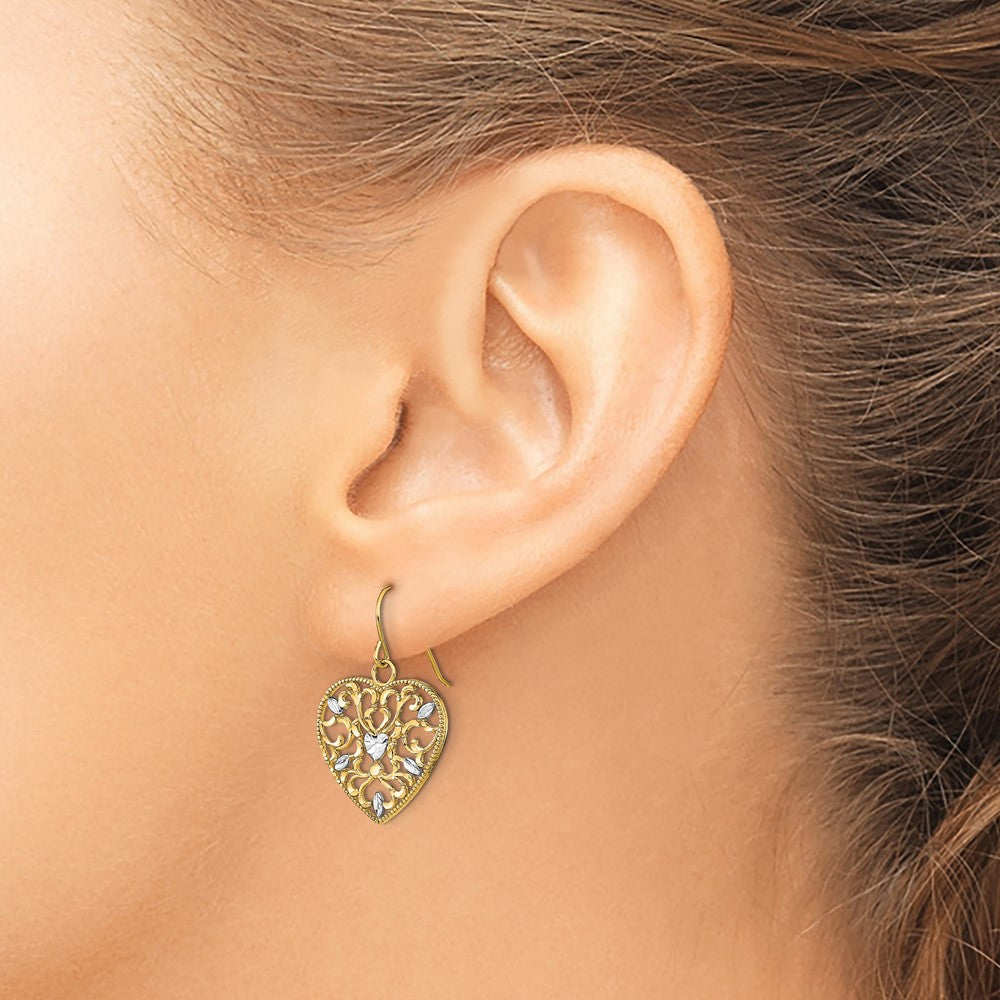 FJC Finejewelers 10 kt Yellow Gold Dangle with Rhodium Filigree Cut-Out Heart Wire Earrings 24 mm x 15 mm