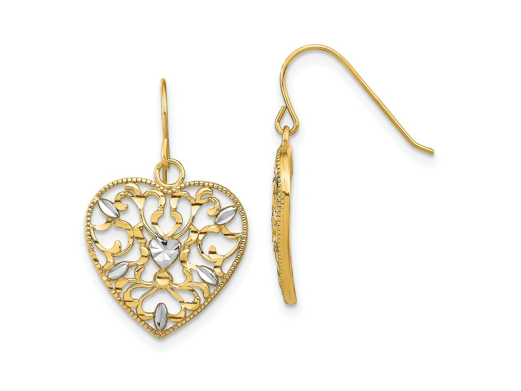 FJC Finejewelers 10 kt Yellow Gold Dangle with Rhodium Filigree Cut-Out Heart Wire Earrings 24 mm x 15 mm