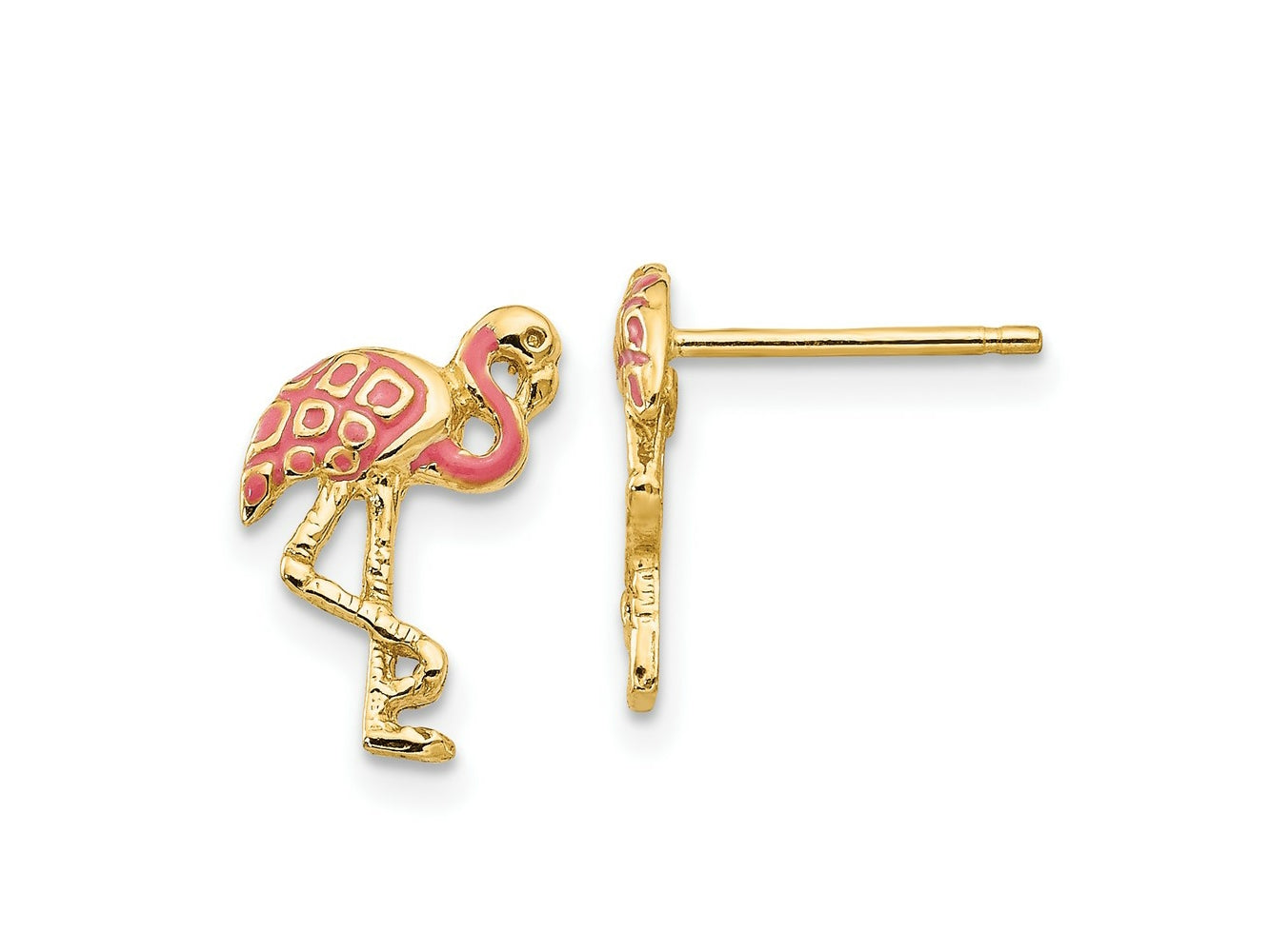 FJC Finejewelers 10 kt Yellow Gold Button Pink Enameled Flamingo Post Earrings 13 mm x 9 mm