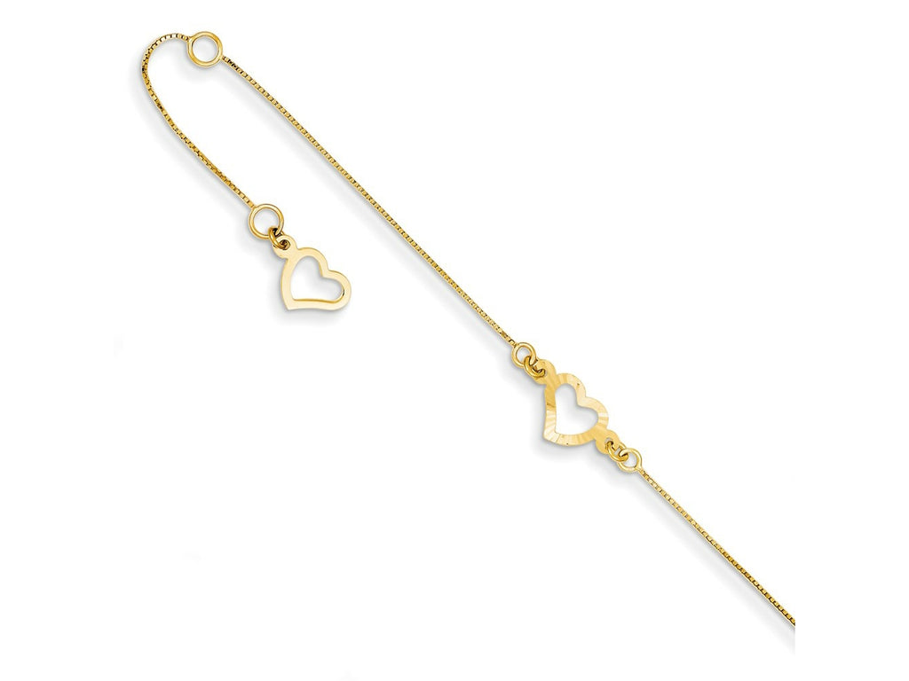 FJC Finejewelers 14 kt Yellow Gold Bright Cut Box Fancy Heart 10in Plus 1in ext. Anklet 10 Inches x 1 mm