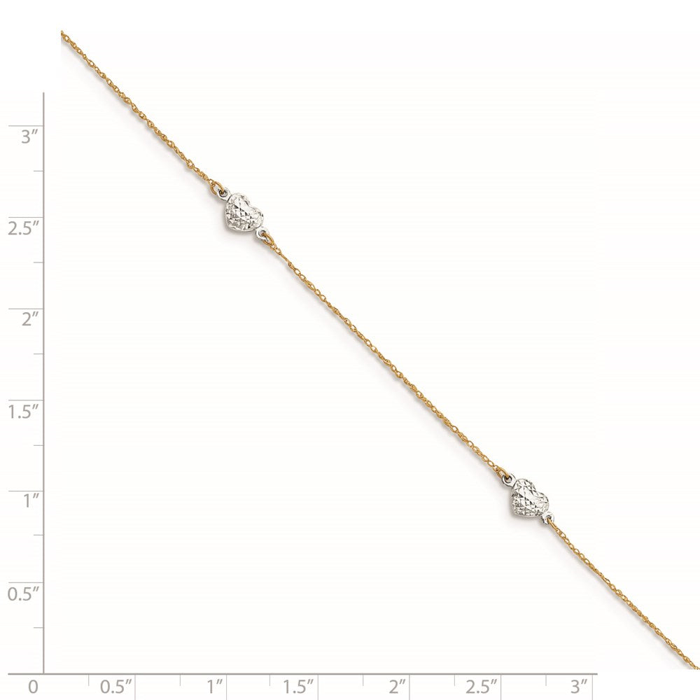 FJC Finejewelers 14 kt Two Tone Gold with Station Puff Heart 10in Plus 1in ext Anklet 10 Inches x 5 m