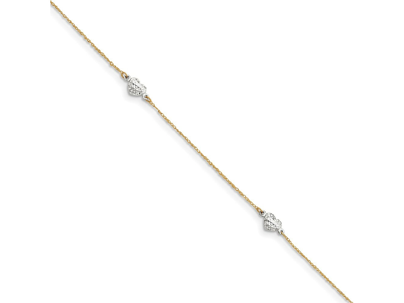 FJC Finejewelers 14 kt Two Tone Gold with Station Puff Heart 10in Plus 1in ext Anklet 10 Inches x 5 m