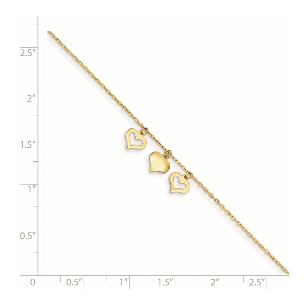 FJC Finejewelers 14 kt Yellow Gold Cable 3 Hearts 10inch Plus 1 inch Extension Anklet 10 Inches x 7 mm