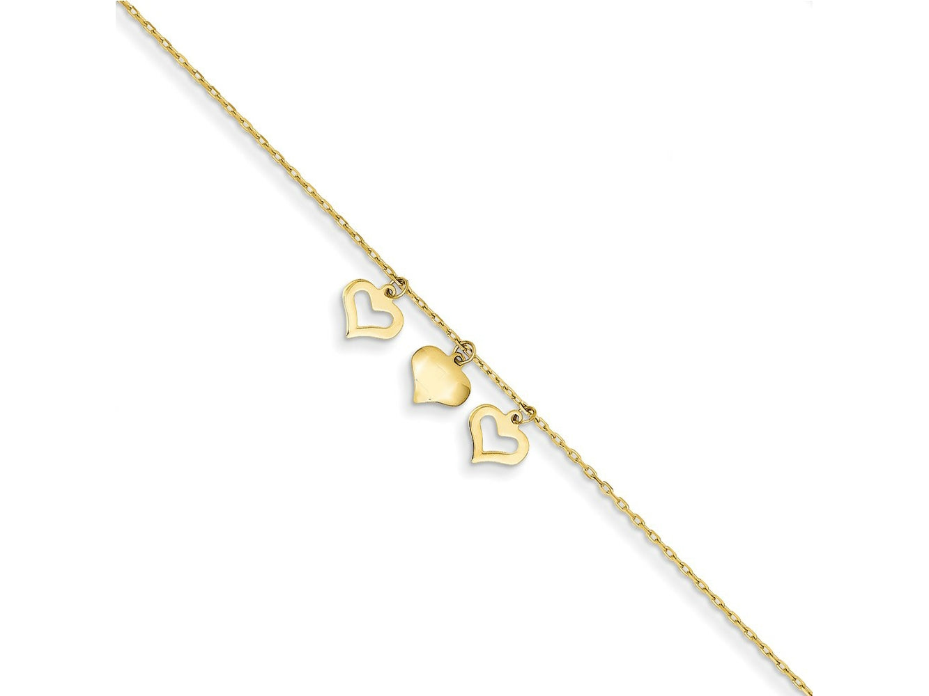 FJC Finejewelers 14 kt Yellow Gold Cable 3 Hearts 10inch Plus 1 inch Extension Anklet 10 Inches x 7 mm