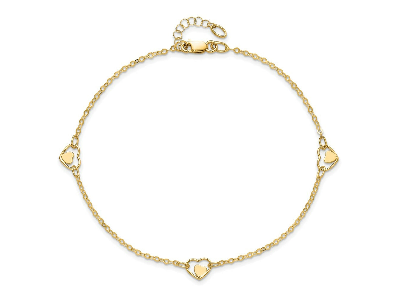 FJC Finejewelers 14 kt Yellow Gold Cable Polished Heart 9in Plus 1in ext Anklet 9 Inches x 1 mm
