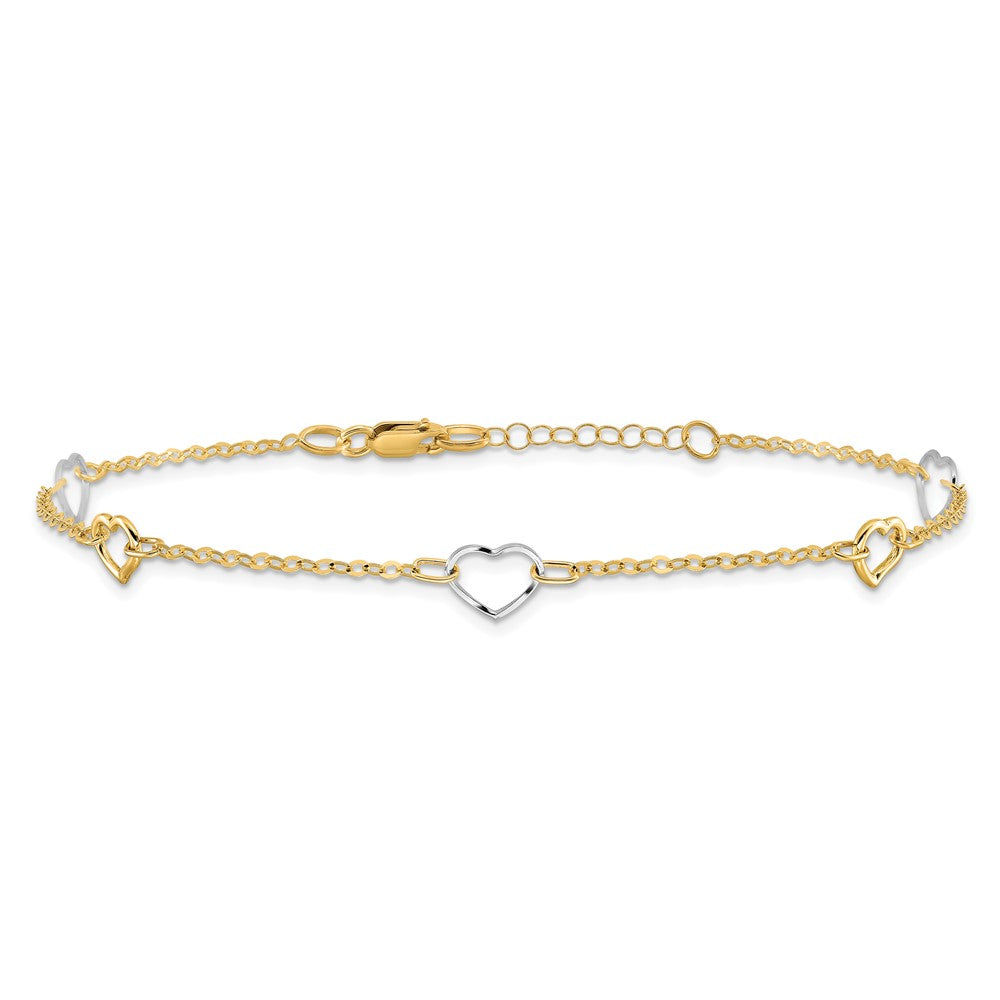 FJC Finejewelers 14 kt Two Tone Gold Cable Polished Heart 9in Plus 1in ext Anklet 9 Inches x 8 mm