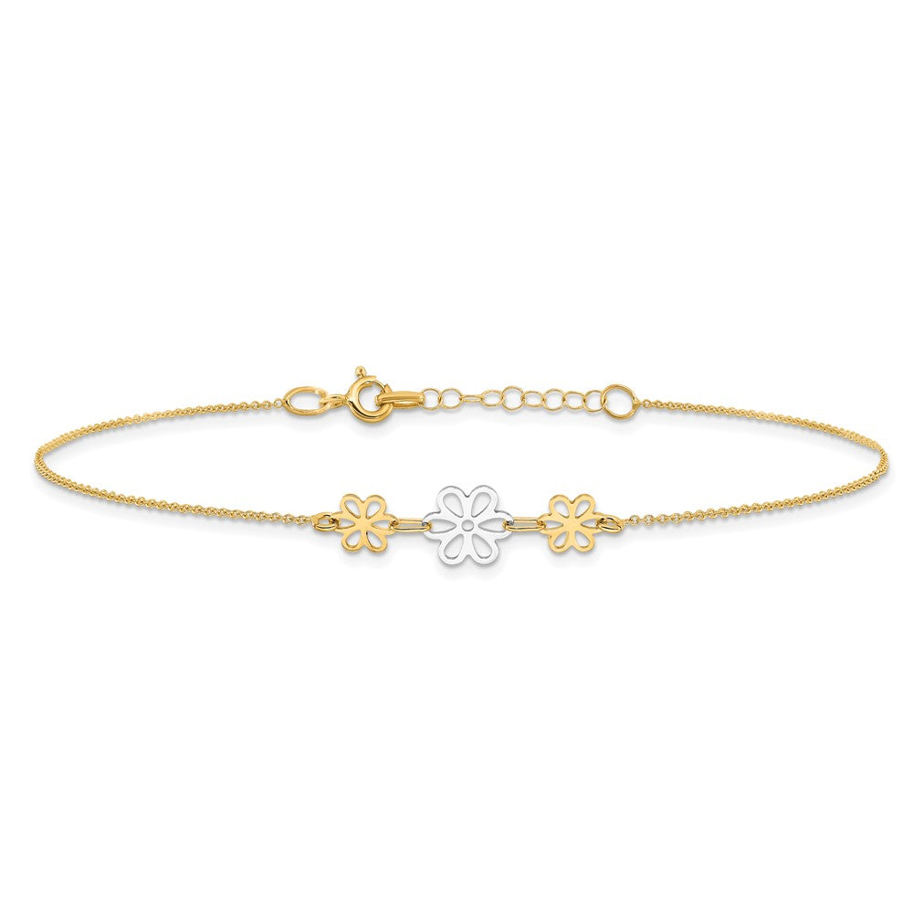 FJC Finejewelers 14 kt Two Tone Gold Cable Polished Three Flower 9in Plus 1in ext Anklet 9 Inches x 24 mm