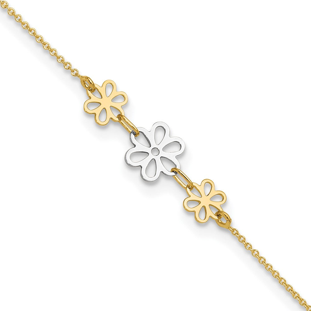 FJC Finejewelers 14 kt Two Tone Gold Cable Polished Three Flower 9in Plus 1in ext Anklet 9 Inches x 24 mm