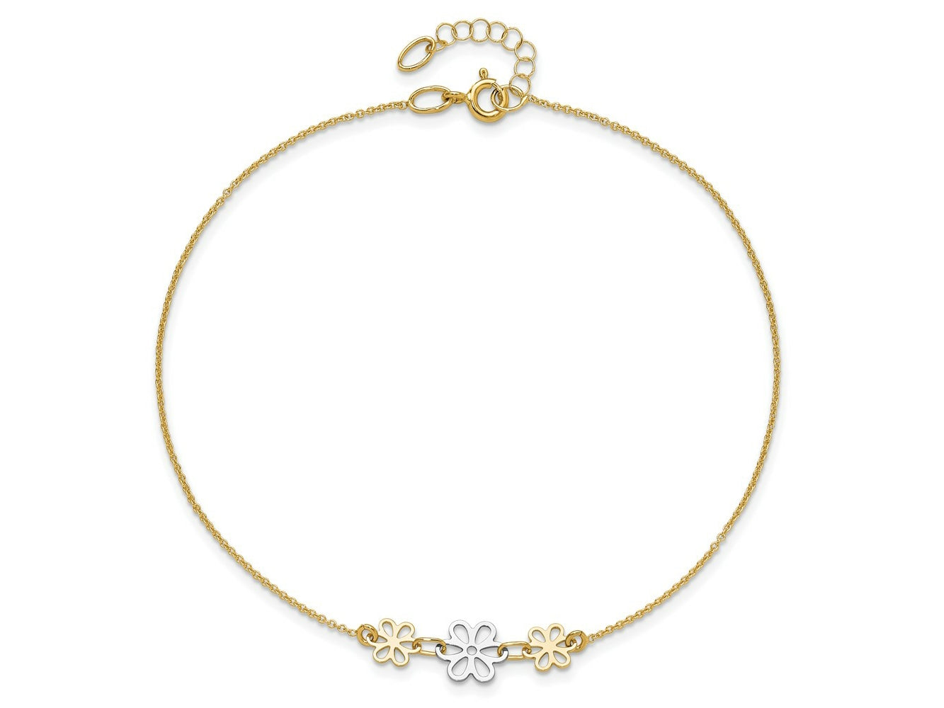 FJC Finejewelers 14 kt Two Tone Gold Cable Polished Three Flower 9in Plus 1in ext Anklet 9 Inches x 24 mm