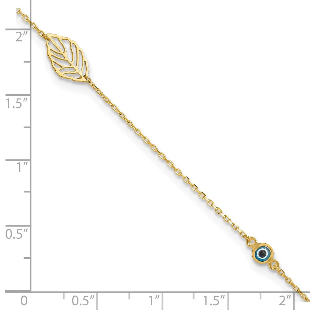 FJC Finejewelers 14 kt Yellow Gold Cable Leaf and Glass Eye Bead 9in Plus 1in Ext Anklet 9 Inches x 1 mm