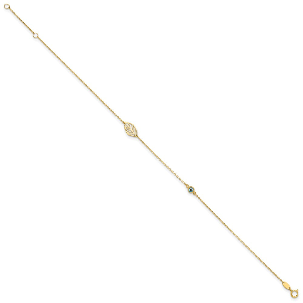 FJC Finejewelers 14 kt Yellow Gold Cable Leaf and Glass Eye Bead 9in Plus 1in Ext Anklet 9 Inches x 1 mm