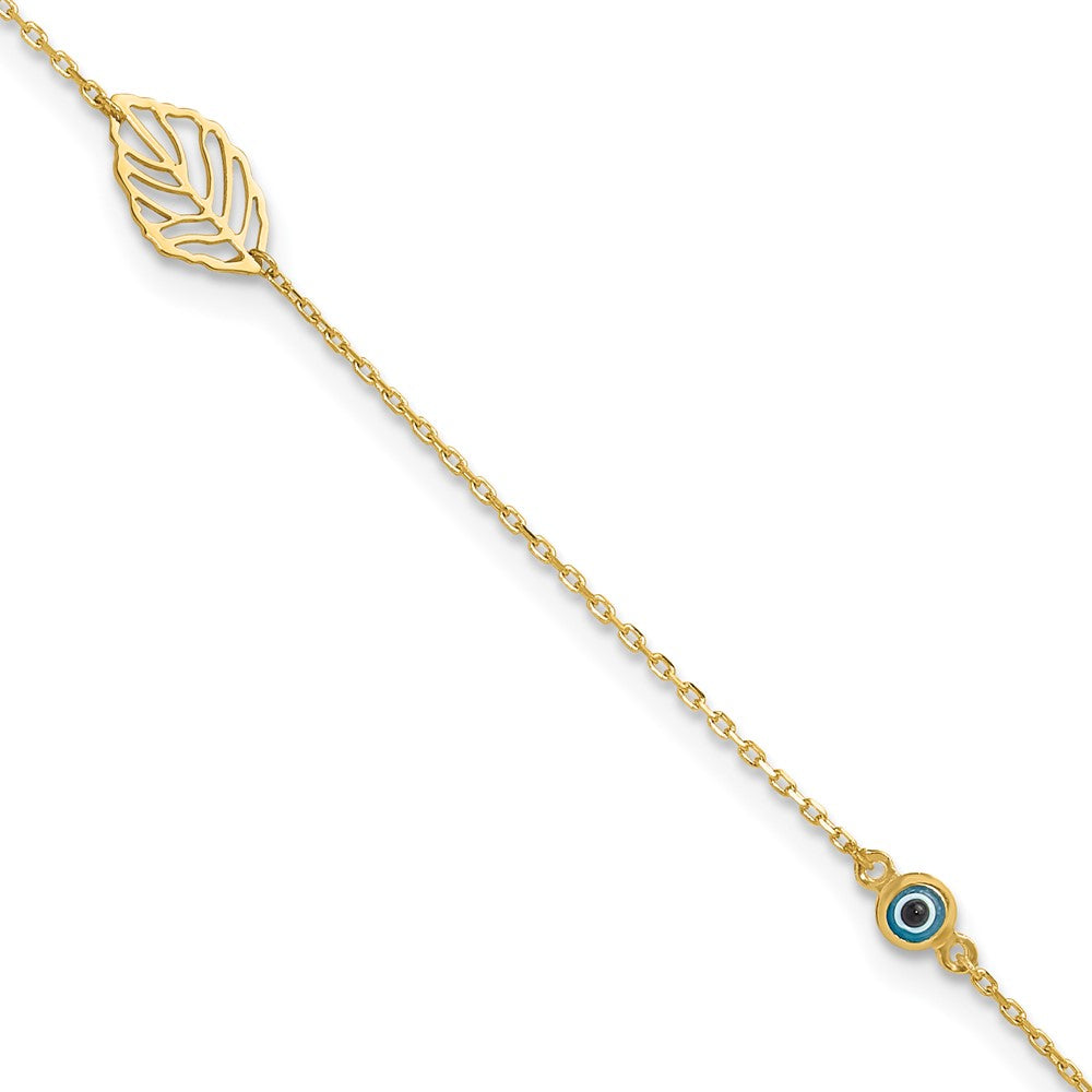 FJC Finejewelers 14 kt Yellow Gold Cable Leaf and Glass Eye Bead 9in Plus 1in Ext Anklet 9 Inches x 1 mm