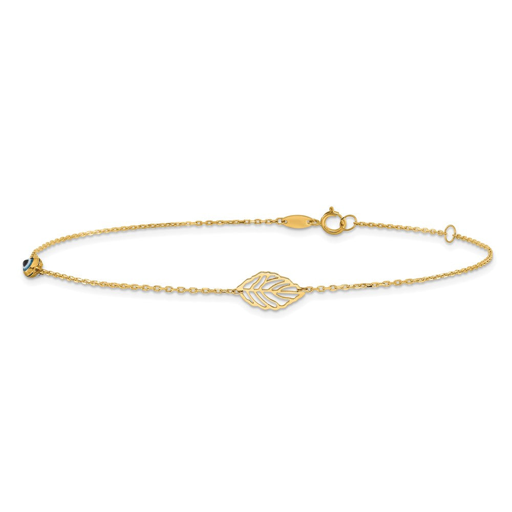 FJC Finejewelers 14 kt Yellow Gold Cable Leaf and Glass Eye Bead 9in Plus 1in Ext Anklet 9 Inches x 1 mm