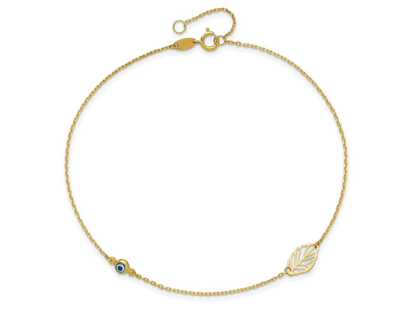 FJC Finejewelers 14 kt Yellow Gold Cable Leaf and Glass Eye Bead 9in Plus 1in Ext Anklet 9 Inches x 1 mm