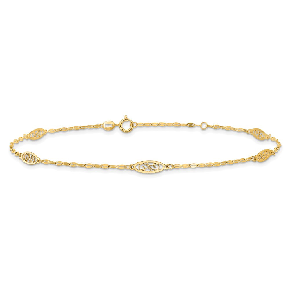 FJC Finejewelers 14 kt Yellow Gold Polished Fancy Filigree Link 9in Plus 1 in ext. Anklet 9 Inches x 9 mm