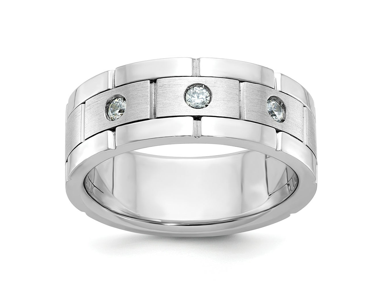 FJC Finejewelers 14 kt White Gold Men's Satin and Grooved 3-Stone Lab Grown Diamonds Ring 8 mm